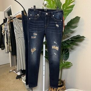 ✨ True Religion “Jennie Curvy” Gold Sequin Distressed Dark Wash Jeans Sz 31 NWT!